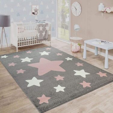 Paco Home Kids Rug, Modern Children's Room Rug in Pastel Colors with Star Motifs, Size: 160x220 cm, Color: Pink