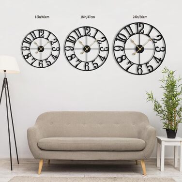 HAITANG Large Vintage Wall Clock, round, metal silent (no ticking), battery-powered, 40cm, 16 inch Roman numerals, clocks for living room, bedroom, kitchen wall clock decoration (Black Arabic numerals, 40 Cm)