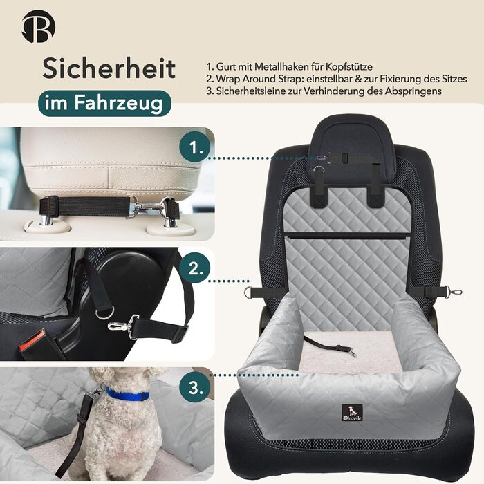 Bluzelle 2-in-1 Dog Car Seat & Bed - Oxford Fabric, Washable, Non-Slip - for Small & Medium Dogs - Grey