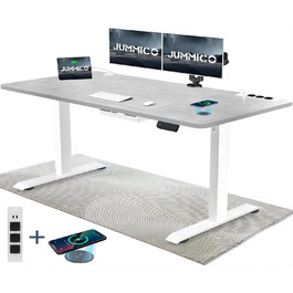 Електричний регульований стіл JUMMICO 140x70 см з бездротовою зарядкою, USB та євро-розеткою, сірої кольору – письмовий стіл для роботи стоячи та сидячи