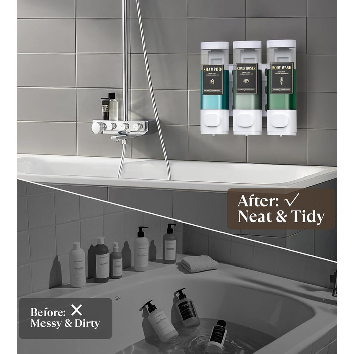 Диспенсер для шампуню та кондиціонера Luxspire настінний, без свердління, 3 камери, водонепроникні етикетки - для ванної, готелю, кухні, білий колір