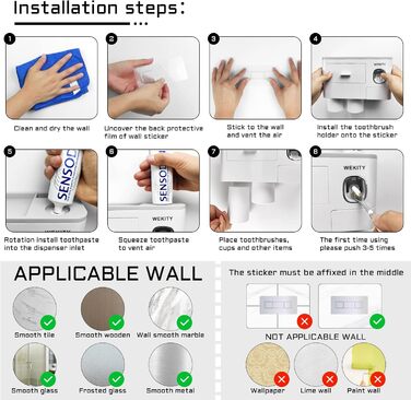 Тримач для зубних щіток WEKITY з дозатором пасти, настінний, сірий, для дітей та дорослих. Набір: 2 дозатори, 5 слотів для щіток, 4 чашки