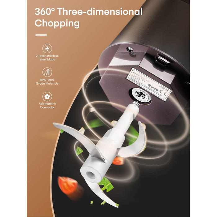 Електричний подрібнювач FOHERE для кухні, 350W, з чашею 2.5л з нержавіючої сталі та 2 швидкостями, 4 леза з нержавіючої сталі для м'яса, цибулі та овочів