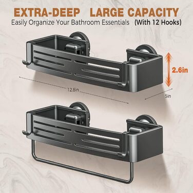 Дзеркальна поличка для душу Lekesky, 2 шт., Gunmetal Grey, алюміній, на присоску, без свердління, з 12 гачками, прямокутна