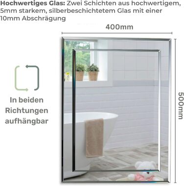 Сучасний прямокутний дзеркало для ванної кімнати 50x40 см, стильний дизайн, з круглими кутами, кріплення на стіну