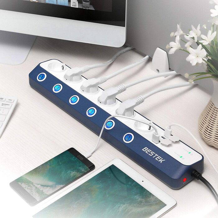 Мережевий фільтр BESTEK з 6 розетками, 4 USB, захистом від перенапруги 900 Дж, вимикач, синій та білий