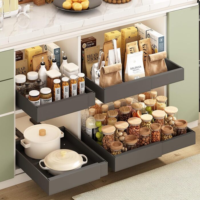 Mointal 2 Pack Expandable Pull-Out Cabinet Organizer, Kitchen Telescopic Drawer with Adhesive, Storage Drawer Organizers for Kitchen/Bathroom, Width 31-52cm, Depth 42cm, Height 7.5 cm, Black