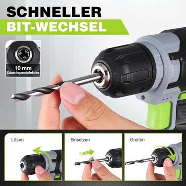 WORKPRO 8V Акумуляторний дриль-шуруповерт, комплект з кейсом, 2000 mAh, 10 мм патрон, 12 Н·м, LED, 21 шт. аксесуарів, для ремонту та DIY, сірий & зелений