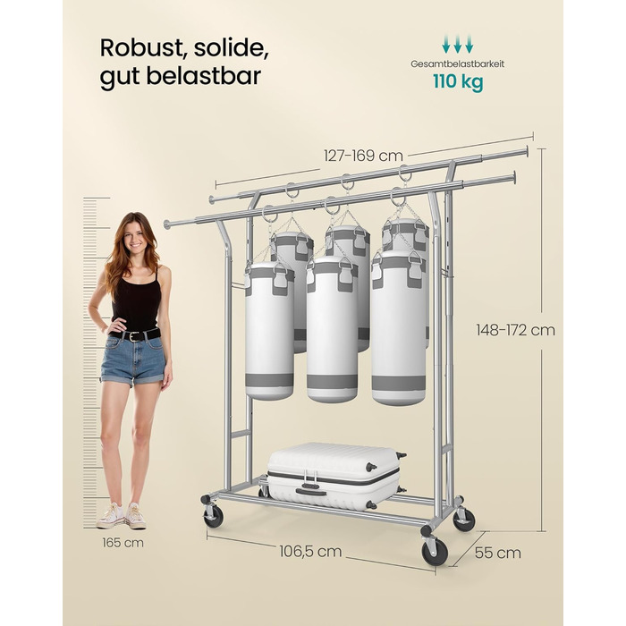 SONGMICS Стійка для одягу з металу, до 110 кг, на коліщатках, 129-169 см, хром HSR12S