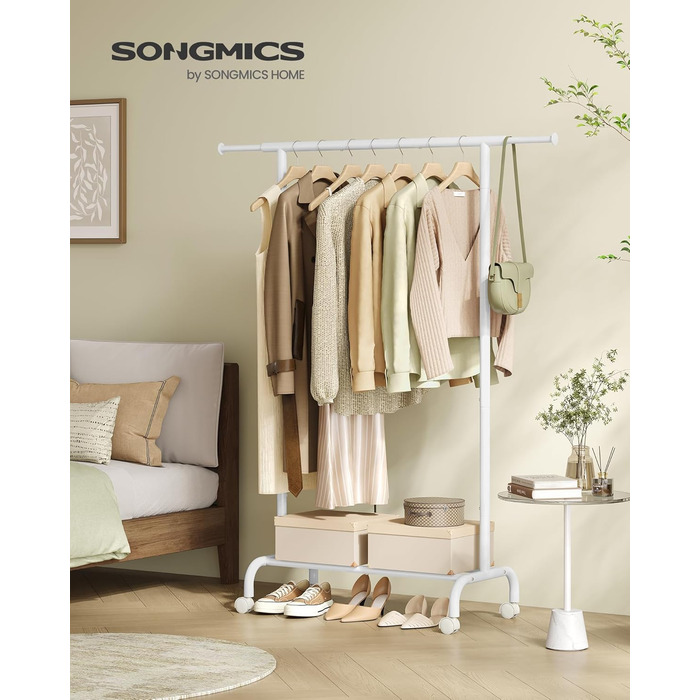 SONGMICS Clothes Rack with Wheels, Extendable Clothes Rod, Clothes Rail from Steel Pipes, Elevated Storage Rod, 40 x (83-120) x 156 cm, Cloud White HSR134W01