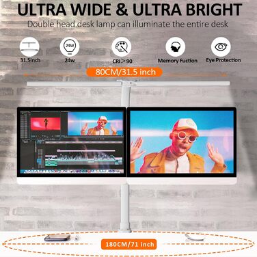 LED лампа для робочого столу з регулюванням яскравості, 24W, 80см, для офісу та дому, лампа-лебідь, кріпиться до столу (біла)