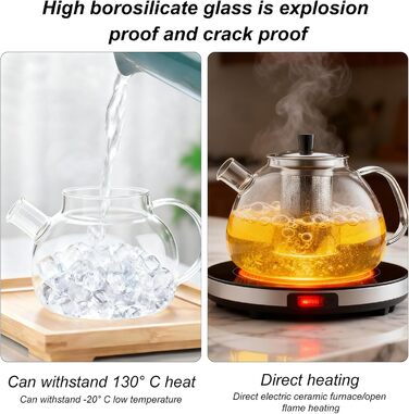 Скляний чайник для заварювання чаю з підставкою-підігрівачем та ситечком, 1500 мл, для листового та фруктового чаю