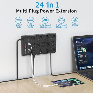 Мережевий фільтр BEVA з 18 розетками, 3680W/16A, захист від перенапруги 2100J, 2 USB-C (15W) + 4 USB-A, з вимикачем, для офісу та дому