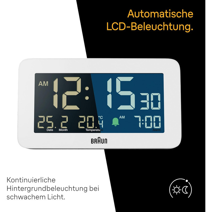 Braun Digital Alarm Clock with Date, Month, and Temperature Display, Negative LCD Display, Quick Set Function, and Gradual Alarm Sound in White, Model BC10W.