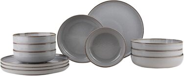 Набір посуду Kutahya Porselen (12 предметів) для 4 осіб – Сучасний порцеляновий сервіз Pearl Grey – Тарілки, супові тарілки та миски – Підходить для миття в посудомийній машині