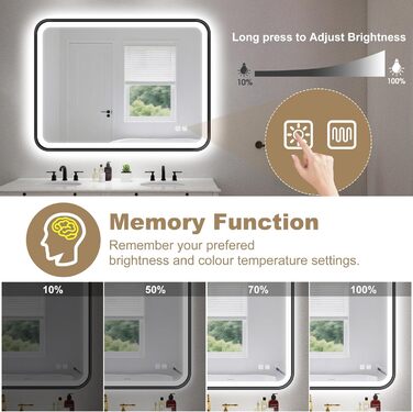 Дзеркало для ванної кімнати S'bagno з підсвічуванням 100x70 см, з алюмінієвою рамою, антизапар, 3000-6500K, функція пам'яті, IP44, горизонтальне/вертикальне, чорне