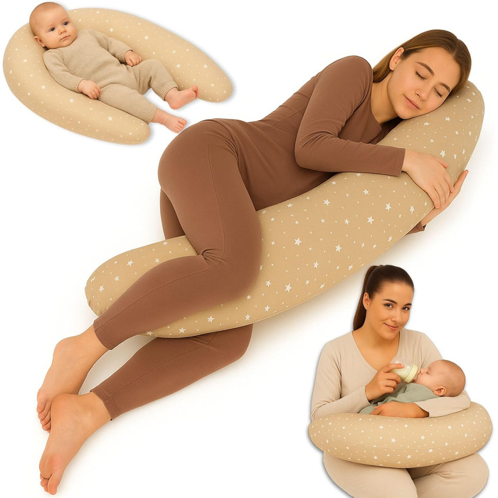 Подушка для вагітних Totsy Baby XXL 190 см - подушка для сну на боці, підтримка тіла, бавовна Oeko-Tex, бежево-біла зі зірками