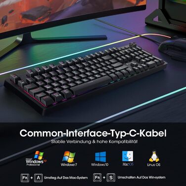 Механічна ігрова клавіатура KOORUI з підсвічуванням RGB, QWERTZ, 104 клавіші, для Windows/MacOS/Linux