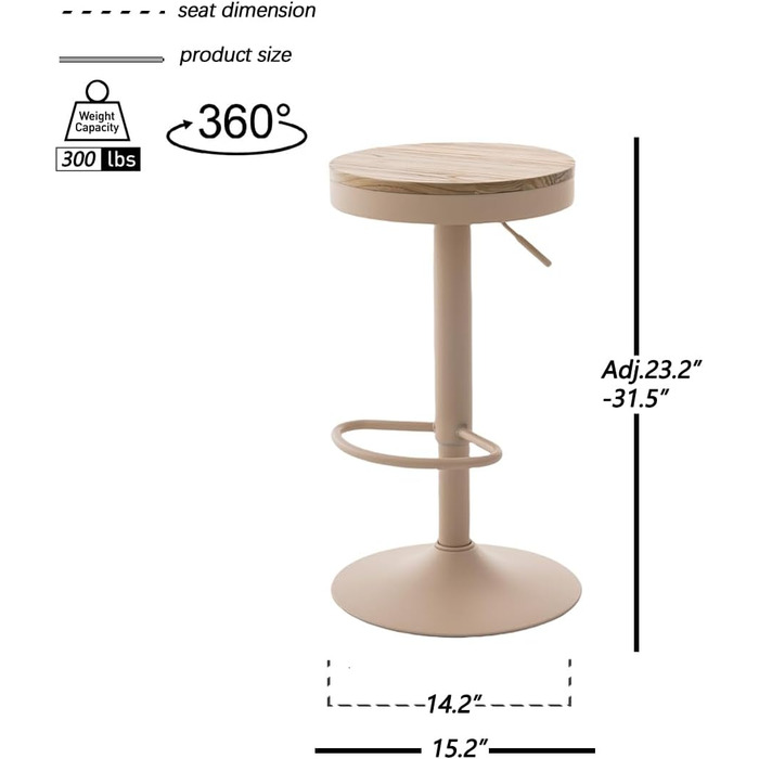 Kidol Adjustable Height Bar Stools 2-Pack - 360° Swivel, Round Wood Seat, Metal Frame - Kitchen/Bar/Living Room Stools