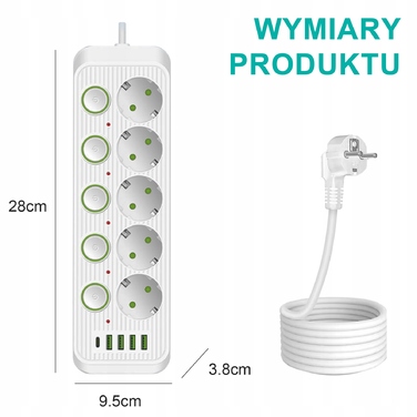 Мережевий фільтр (подовжувач) 2м: 5 розеток, 4 USB та 1 USB-C, з окремими вимикачами для кожного гнізда