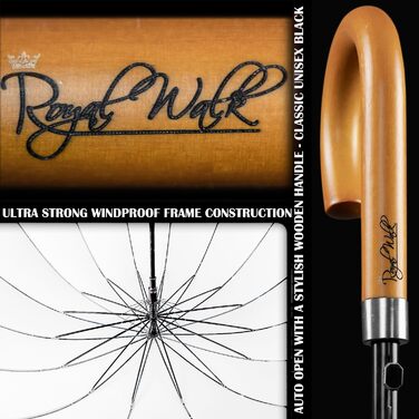 Royal Walk Automatic Travel Golf Umbrella - 54 Inch, Windproof, Waterproof, 2-Person, Wooden Handle, 16 Ribs, Unisex