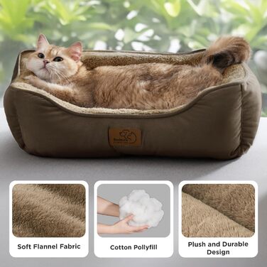 Ліжко для котів BEDSURE велике, миється - 63.5x53см, неслизьке, для собак маленьких порід, квадратне ліжко-кошик з м'яким бортиком, (51 x 41 см (Д x Ш), Коричневе)