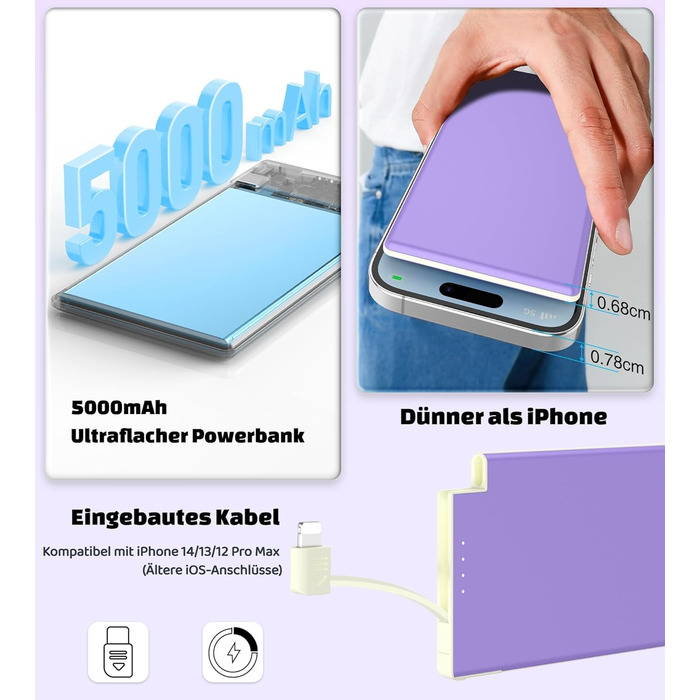 Power Bank Auskang 5000mAh Slim з кабелем для iPhone (сумісний з iPhone 14 та попередніми моделями) - фіолетовий+білий, 0.68 см