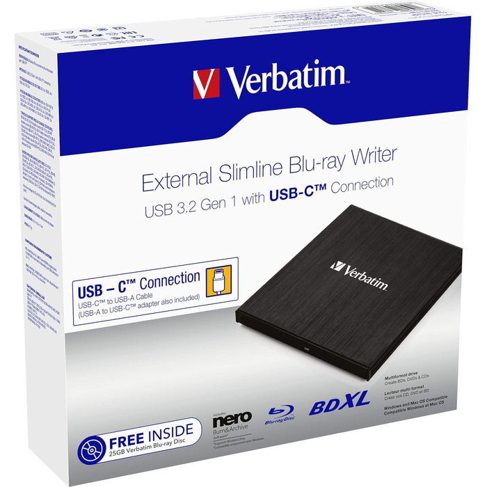 Зовнішній тонкий Blu-ray привід Verbatim Slimline з USB-C та USB 3.0 — записувач Blu-ray, DVD, CD та M-Disc для ПК та ноутбука, чорний