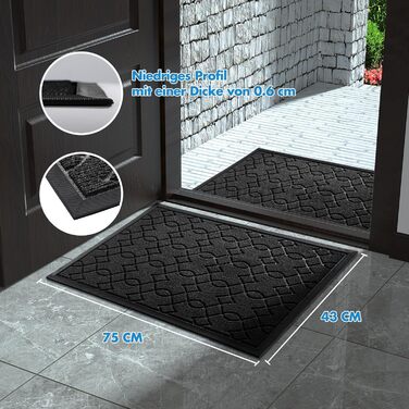Килимок для вхідних дверей Yimobra, 75x43 см, чорний: миється, вологостійкий, з антиковзаючою основою