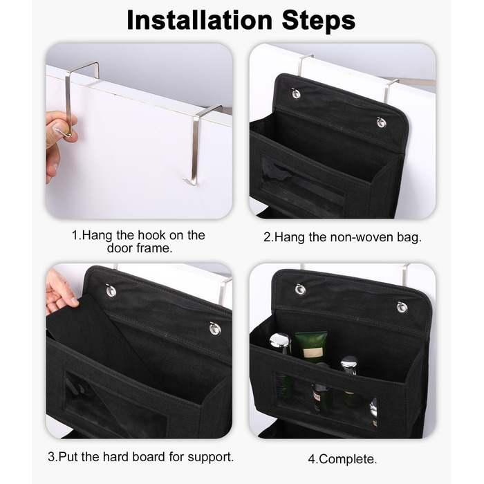 Настінна вішалка-органайзер на двері з 4 великими кишенями та прозорим вікном, 2 металеві гачки, чорний колір, для спальні, офісу, дитячої кімнати