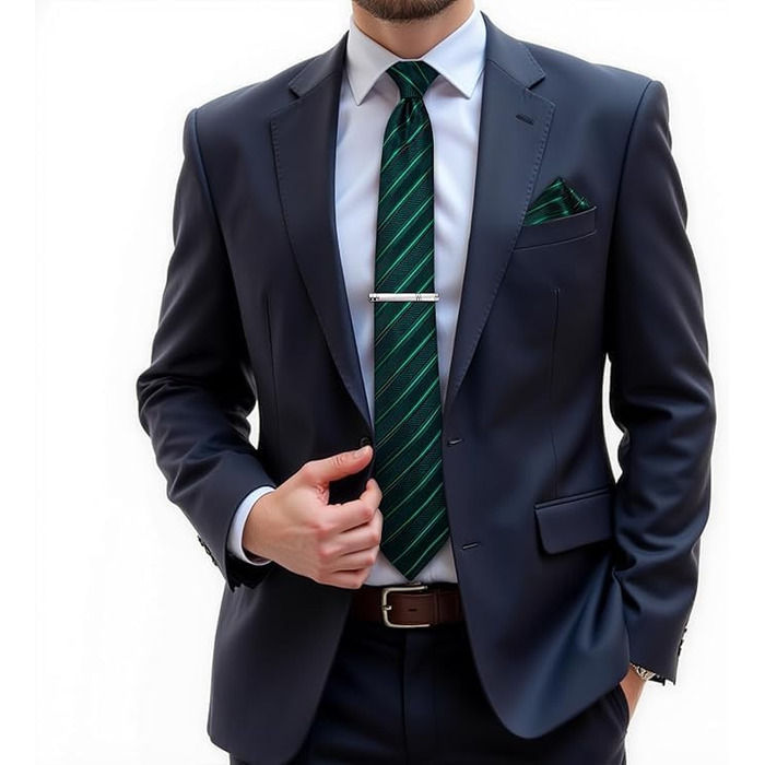 Набір краваток для чоловіків DiBanGu з шовковими смугами та клітинкою, з кишеньковим хустиною, затискачами для краваток та латунними манжетами, для весілля та офіційних заходів, зелений в смужку