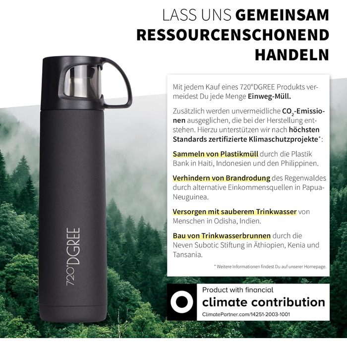 Термос 720°DGREE Thermoskanne з чашкою 450 мл 'Follow' – 3 розміри, 12 годин гарячий, 24 години холодний, без протікання, BPA-Free – термофляка з нержавіючої сталі, ізотермос – ідеально для роботи, дітей, школи, дитячого харчування 450 мл, Чорний Онікс | 