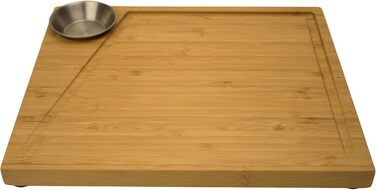 Bamboo Steak Board 2-Piece Set with Stainless Steel Sauce Containers and Juice Groove, Professional Wooden Serving Board for Meat, with 4 Non-Slip Feet, Dimensions: 30 x 25 x 3 cm