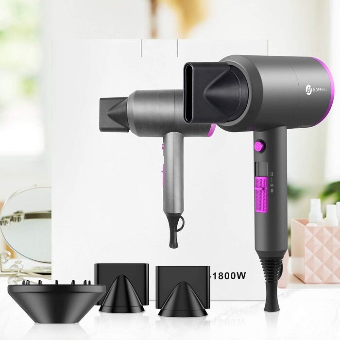 Slopehill 1800W Ionic Hair Dryer with AC Motor - Professional Salon Hair Dryer with 3 Attachments, 3 Temp Settings & Hot/Cold Shot (Violet/Grey)
