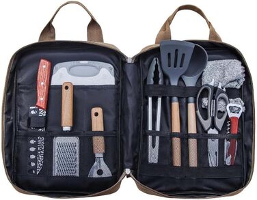 Набір кухонного приладдя для кемпінгу Sadodo: 11 предметів, з органайзером та сумкою, силікон та нержавіюча сталь