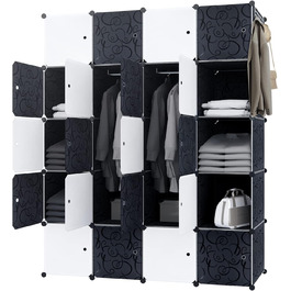 NAIZY Wardrobe Black DIY Plastic Shelf System Clothes Closet Storage Shelf Plug-in Shelf System with Door Plastic Cabinet (16 Cubes, with 2 Clothes Rods) (20 Cubes, with 2 Clothes Rods)