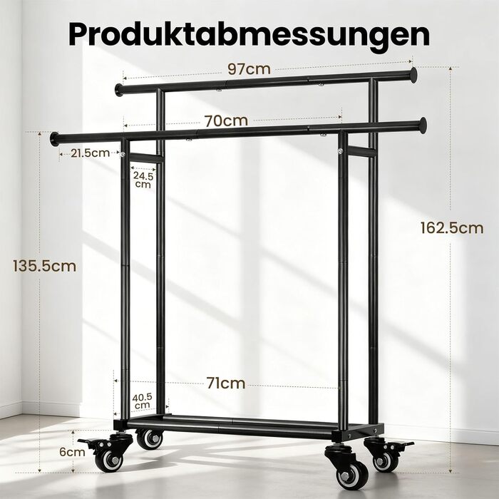 Стійка для одягу Treeboy на колесах, мобільна вішалка для одягу з 2 перекладинами та полицею, міцна до 95 кг, легко ковзаючі колеса, швидкий монтаж для спальні, вітальні, пральні, гардеробної (Чорний, 41Tx113Bx162H(2Rods))