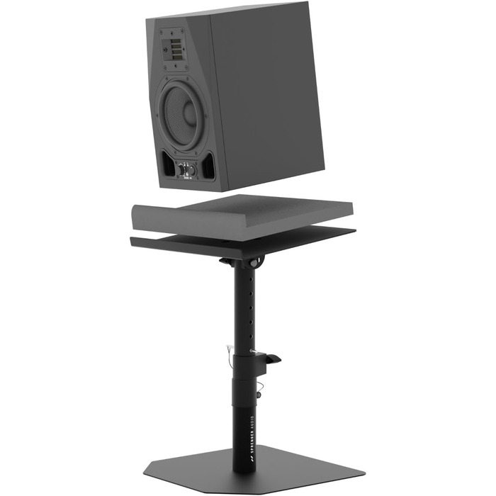 Надійні підставки для акустики зі звукопоглиначем – міцні, регульовані +/-20°, вантажопідйомність до 28 кг – ідеально для столу, студії або DJ-стілу