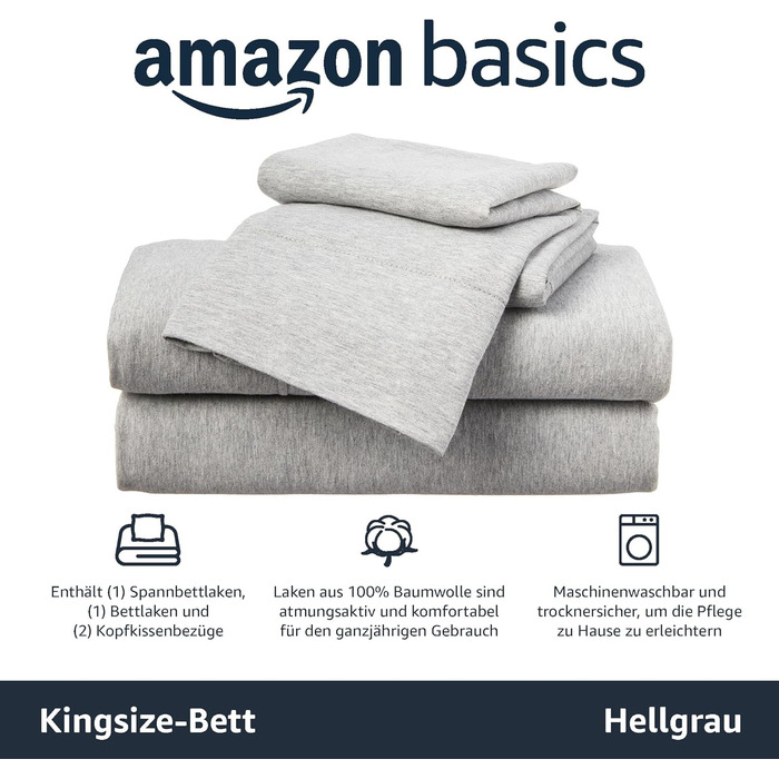 Amazon Basics 4-Piece Jersey Sheet Set, for King Size Beds, Light Grey, Solid
