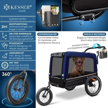 KESSER® Візок для собак Боксер 3-в-1: візок, бугель, велосипедний причіп. Великий об'єм 240 літрів, амортизація, поворотне переднє колесо 360°, матеріал: оксфорд 600D, SmartSpace, вантажопідйомність до 40 кг, зелений (темно-синій)