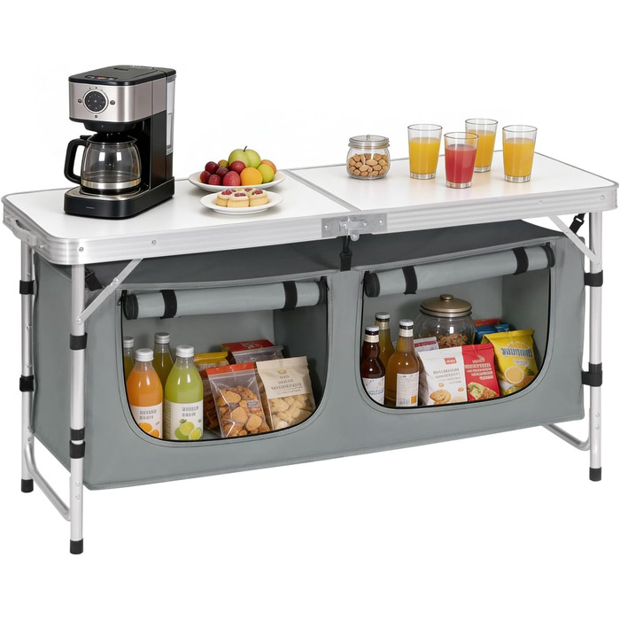 Складний алюмінієвий кемпінговий стіл WOLTU з регульованою висотою та полицями для зберігання, білий+сірий - для пікніка, пляжу, саду