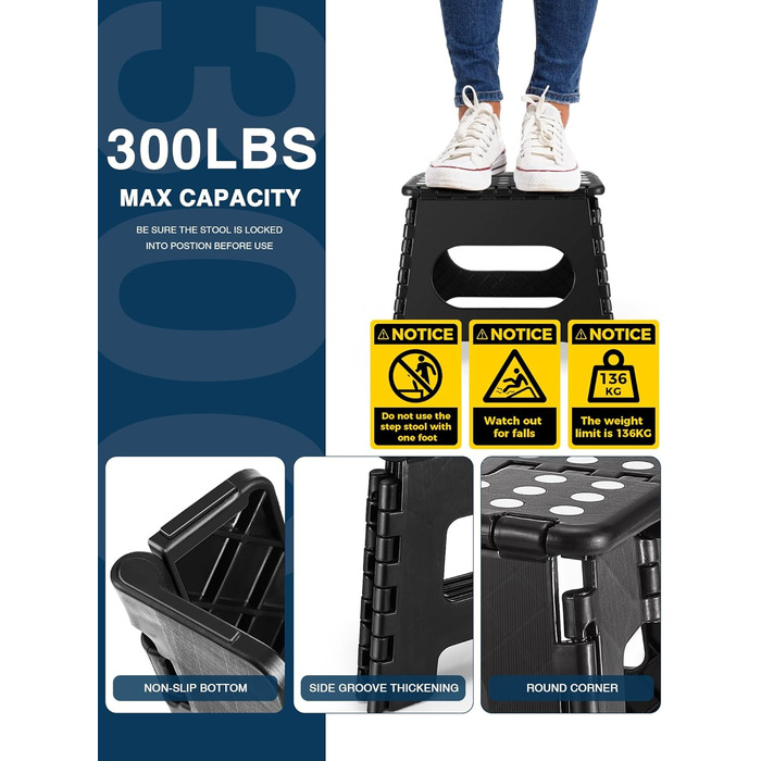 Складний стілець HOUSE DAY 27см чорний: міцний, з антиковзними ніжками та ручкою, для кухні, ванної, дитячої кімнати, кемпінгу, вантажопідйомність 150кг