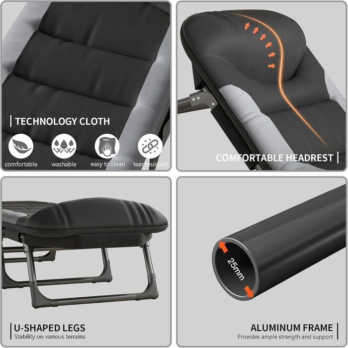 Розкладне ліжко для кемпінгу XXL - широке кемпінгове ліжко, розкладне, легке, з регульованою спинкою, для відпочинку на природі та вдома