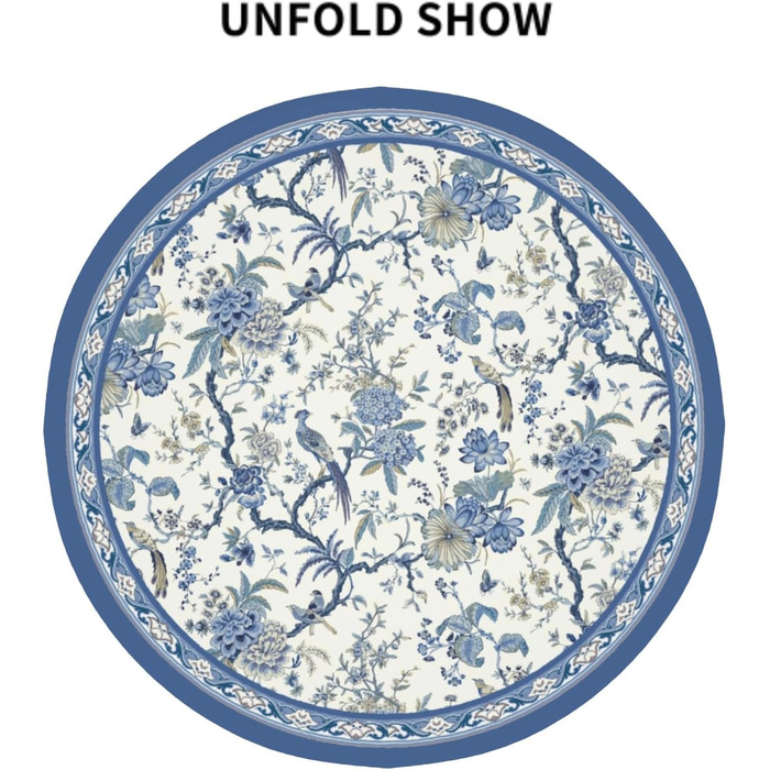Кругла скатертина Giwawa Chinoiserie 152 см, синьо-біла, з квітами та птахами, порцеляновий орнамент, східний стиль, термостійка, багаторазова, для кухні та їдальні