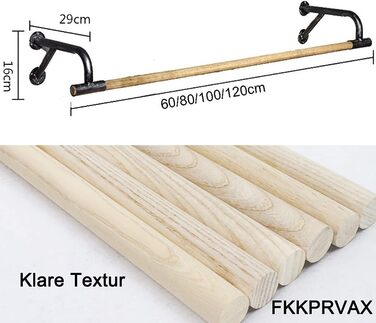 Wooden wall panel dresses a hanging rod, industrial clothes rack, clothing display rack for retail clothing - 120x29x16cm