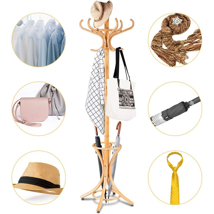 COSTWAY 184cm Wardrobe Rack with Umbrella Holder, Coat Rack with 12 Clothes Hooks, Clothes Rack made of Wood, Freestanding Wardrobe for Entryway, Living Room, and Bedroom (Natural)