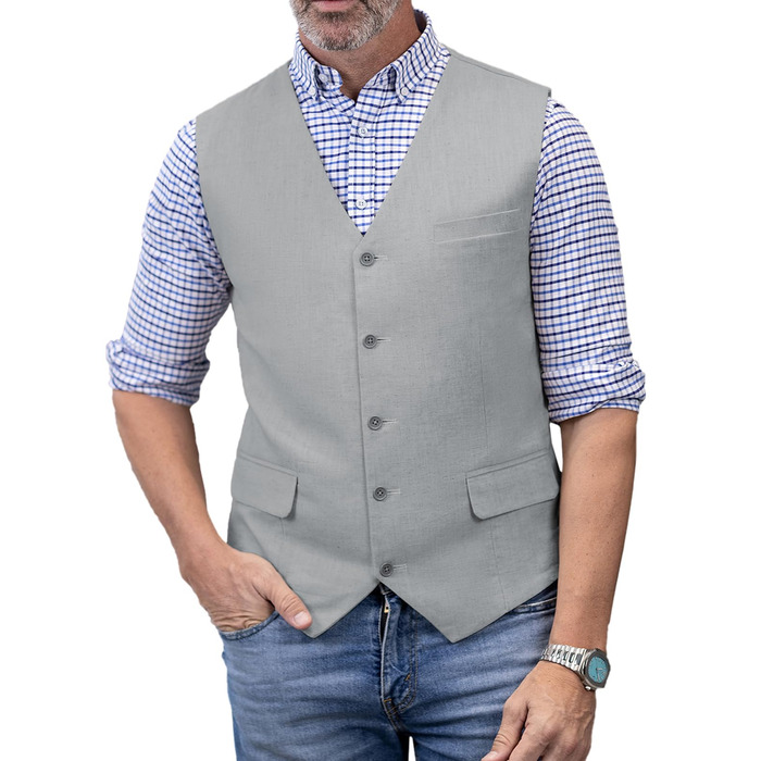 Елегантна жилетка для чоловіків Solovedress з льону, підходить для весілля та свят (світло-сіра, S)