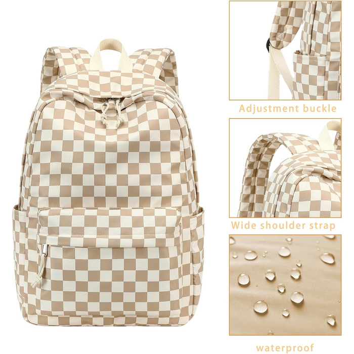 Шкільний рюкзак LOIDOU для дівчаток та хлопчиків підліткового віку: легкий, водонепроникний, для школи, коледжу та роботи. Колір: коричнево-білий у клітинку