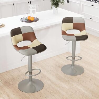 YOUNIKE 2-Piece Adjustable Bar Stools - Boho Patchwork Design - Swivel Kitchen Bar Chairs with Hollow Backrest - Yellow Green (Gray Beige)