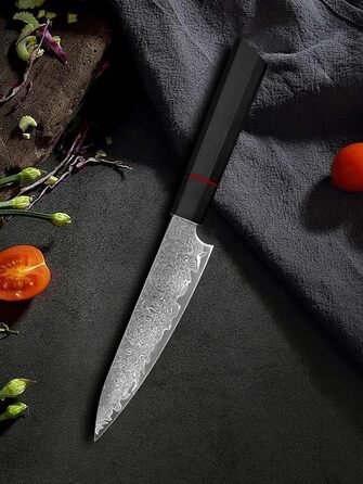 Японський ніж кухарський з дамаської сталі Plys: професійний ніж шеф-кухаря з чорним дерев'яним руків'ям, ніж для фруктів